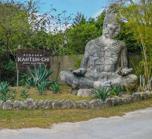 Kantun Chi Ecopark entrance with Mayan statue